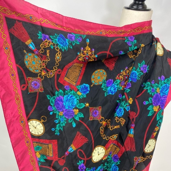 Vintage J.G.HOOK SILK Square Scarf 31”Red Colorful Floral W Chains… - Picture 2 of 13